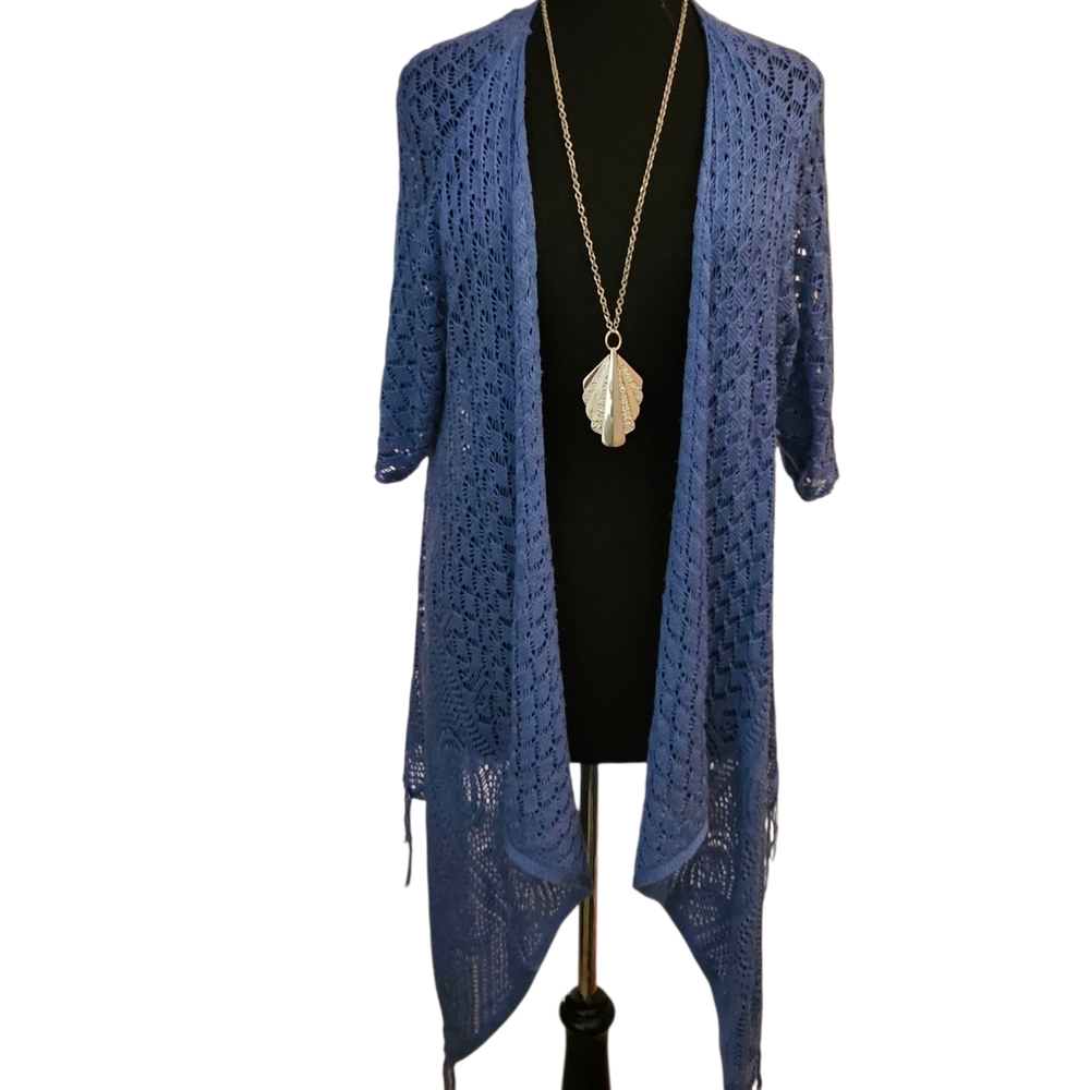 ONE WORLD Blue Open Knit Cardigan Sz XL